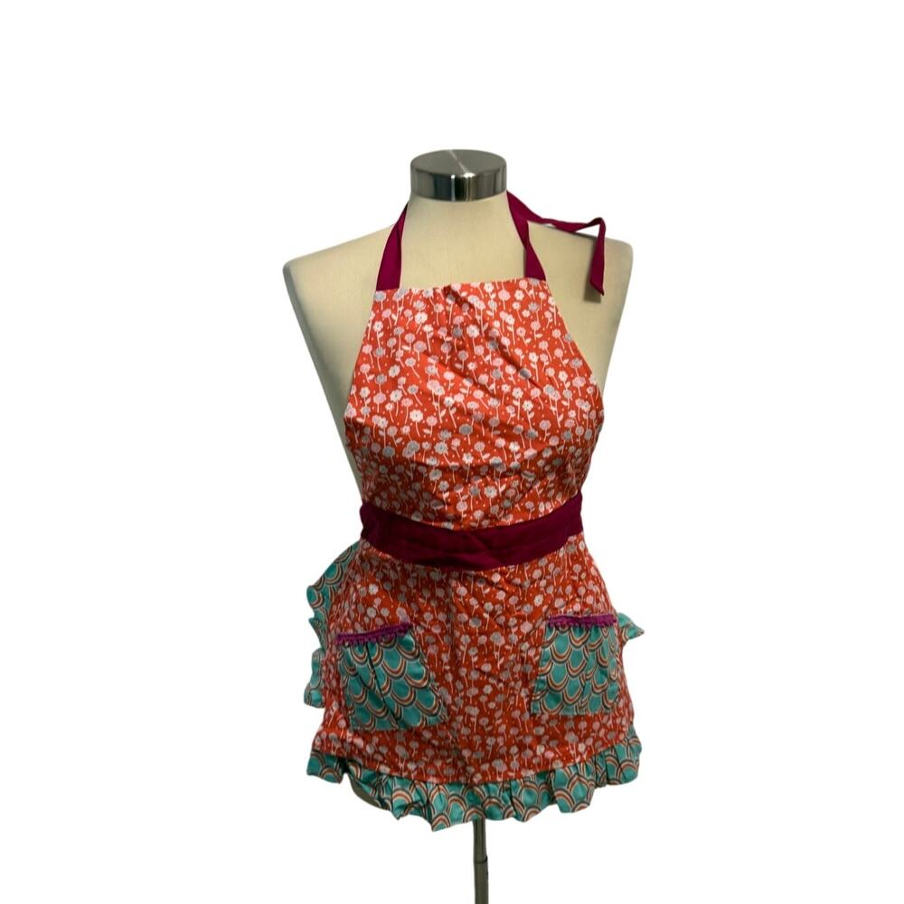 Homemade Half Apron Red Blue Floral | Handmade Cottagecore | Retro Kitchen